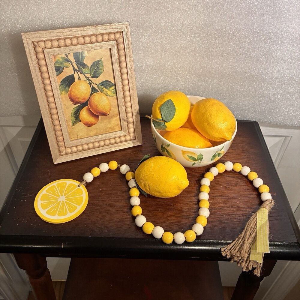 Lemon Decorations New 8 Piece Set. Framed Lemon Limb, Bowl, Garland, 5 Lemons.